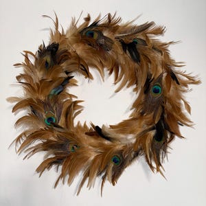 60cm Feather Wreath Extra Large Light Brown Boho Shabby Chic Rooster Feathers Peacock Feather Wicker Wreath