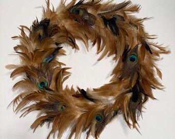 Très grande couronne de plumes, décoration murale bohème marron clair (60 cm)
