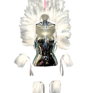 Inspiré du RIRI blanc argenté, col châle en plumes, col châle et manchettes, tenue de samba, carnaval de Rio, en plumes