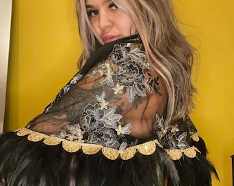 Feather Bralet Outfit: Embroidered Lace Skirt Cape, Festival Set