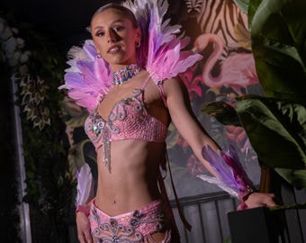 Pastel Feather Carnival Outfit: Handmade Rio Showgirl Collar & Cuffs