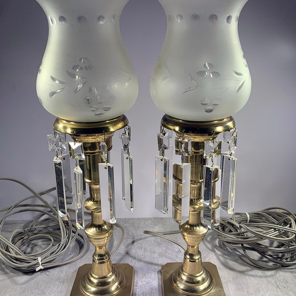 Pair of brass buffet lamps w/prisms