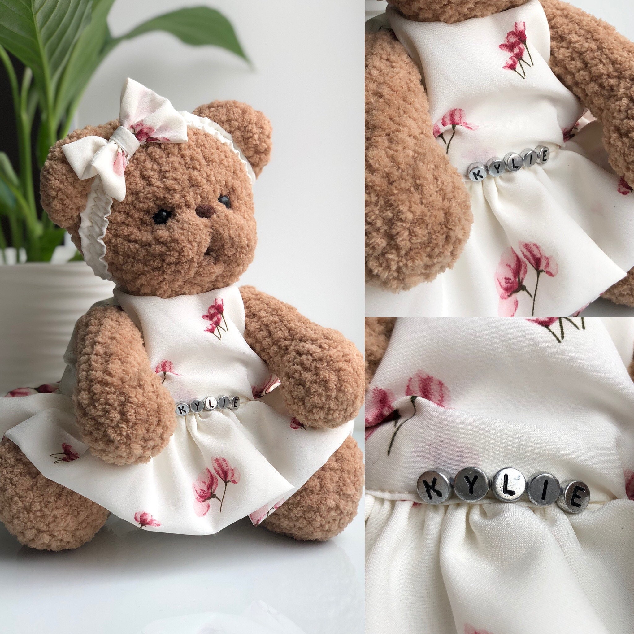Personalized teddy bear in floral dress | Etsy