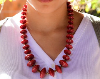 Red Paper Beads Necklace, Handmade Uganda, African, Eco - Friendly,  Jewelry Made from Recycled Newspaper, Orphanage support LN050