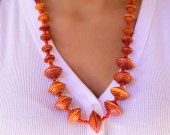 Orange Paper Beads Necklace, Handmade Uganda, African, Eco - Friendly,  Jewelry Made from Recycled Newspaper, Orphanage support, LN011