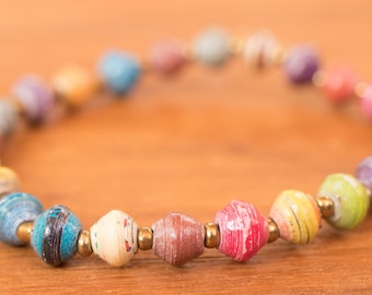 Multi Color Paper Beads Elastic Bracelet, Handmade Uganda,African,Eco Friendly,Jewelry Recycled Newspaper,Orphanage support,non profit LB011