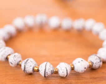 Black and white Paper Beads Elastic Bracelet,Handmade Uganda,African,Jewelry Recycled Newspaper,Orphanage support,non profit LB013