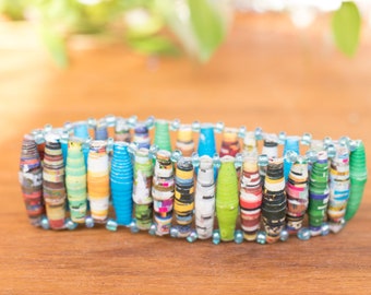 Colorful Paper Beads Elastic Bracelet, Handmade Uganda, African,Eco Friendly,Jewelry  Recycled Newspaper,Orphanage support,non profit LB008