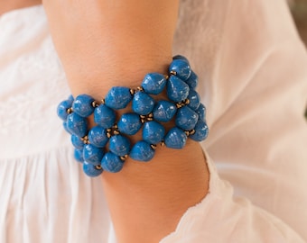 Blue Paper Beads Elastic Bracelet, Handmade Uganda,African,Eco Friendly, Jewelry Recycled Newspaper,Orphanage support,non profit LB022