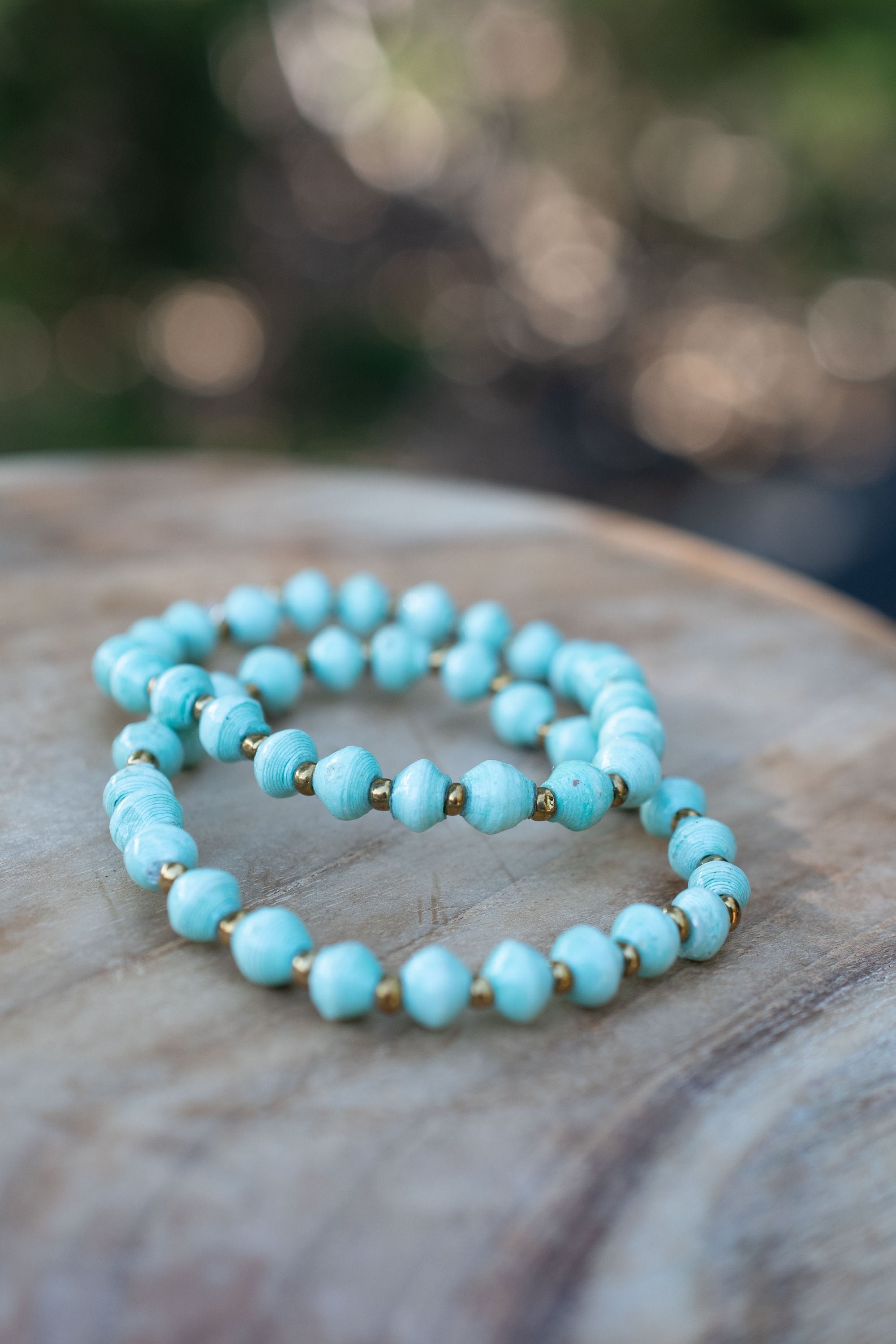 Aqua BluePaper Beads Elastic Bracelet,Handmade Uganda,African,Jewelry Recycled Newspaper,Orphanage support,non profit LB056