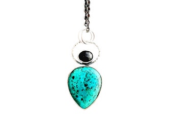 Chrysocolla and garnet pendant in sterling silver