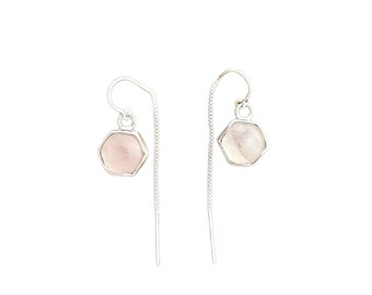 Rose quartz and sterling hexagon threader earrings