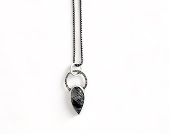 Quartz with tourmaline inclusions in sterling pendant on oxidized sterling chain