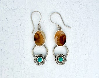 Dendritic agate and Carico Lake turquoise floral earrings in sterling silver