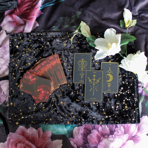 Tarot Mat colour DARK STAR, black & gold Altar Cloth, Book Wrap, Tarot Card Cloth, Tarot Cloth, PREMIUM Velvet Velour