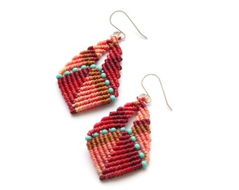 Red Earrings | Woven Earrings | Beaded Earrings | Macrame Earrings | Boho Earrings | Leaf Earrings