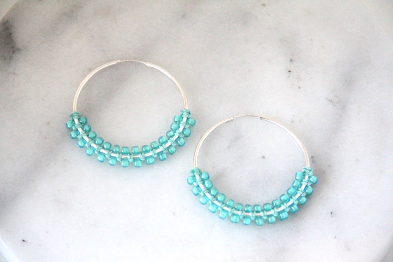 Large Hoop Earrings Silver Hoops Woven Hoops Delicate Hoops Boho Earrings Macrame Earrings Beaded Earrings Statement Earrings image 6