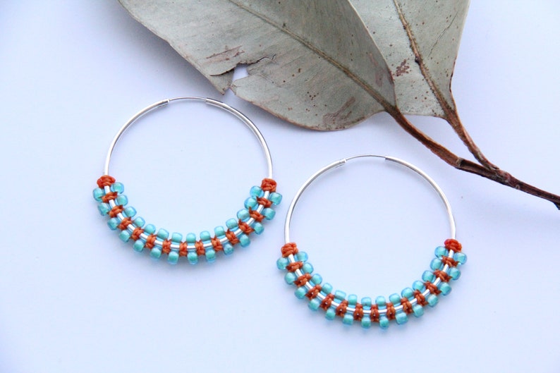 Large Hoop Earrings Silver Hoops Woven Hoops Delicate Hoops Boho Earrings Macrame Earrings Beaded Earrings Statement Earrings image 5