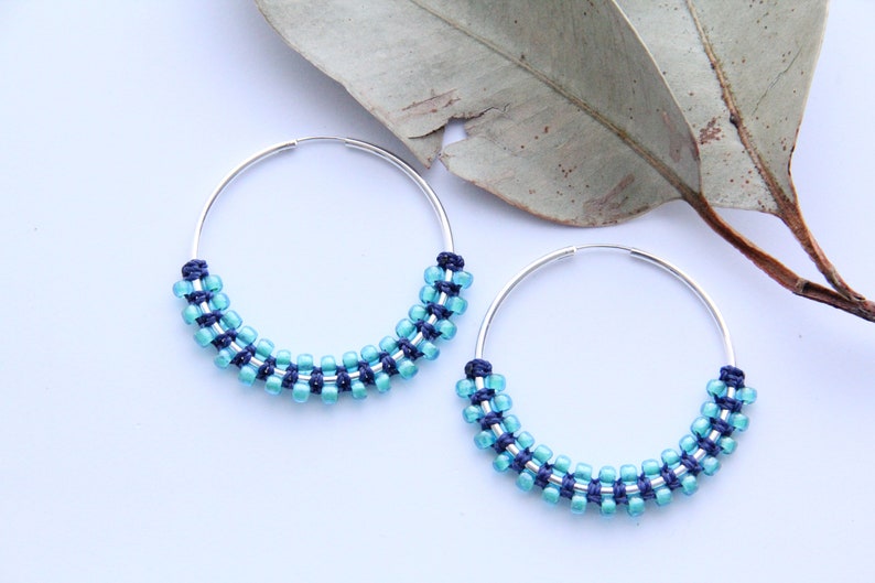 Large Hoop Earrings Silver Hoops Woven Hoops Delicate Hoops Boho Earrings Macrame Earrings Beaded Earrings Statement Earrings image 3