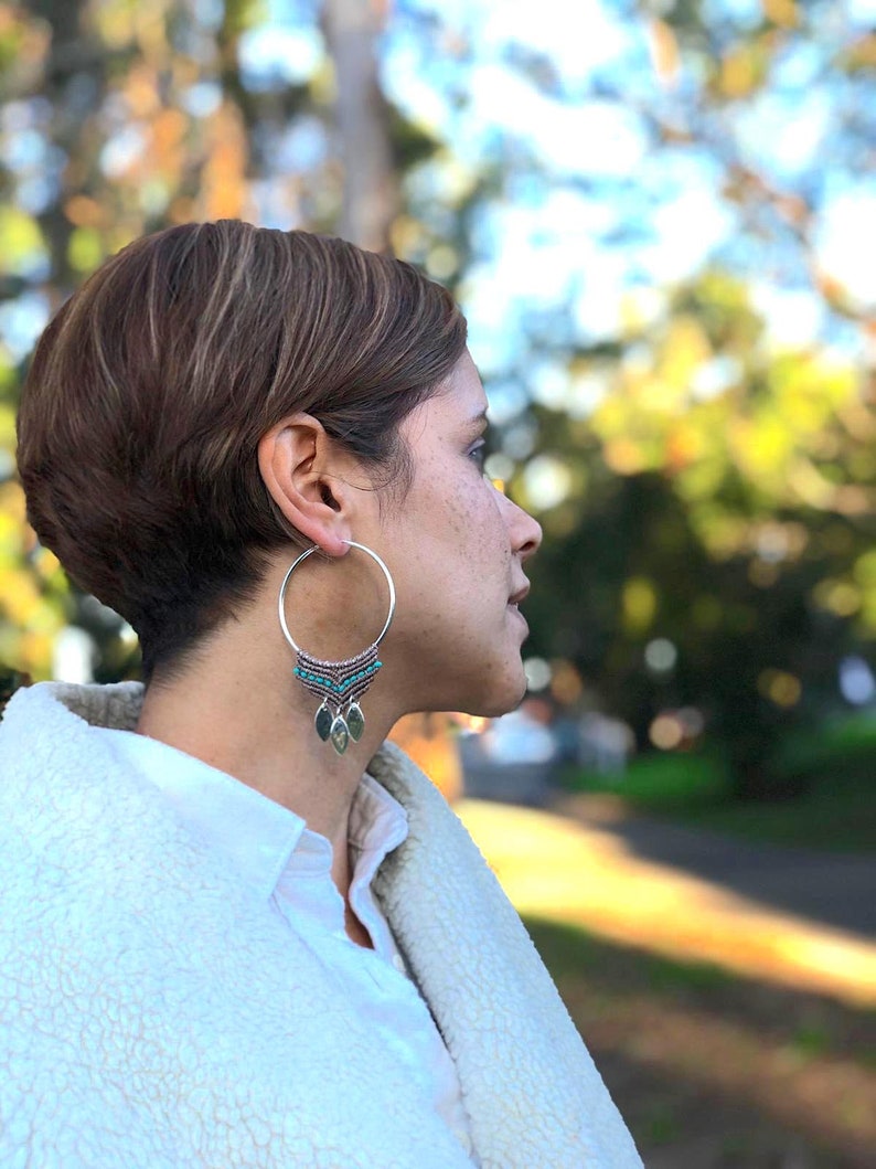 Large Hoop Earrings Silver Hoops Woven Earrings Large Hoops Minimalist Earrings Beaded Earrings Statement Earrings image 7