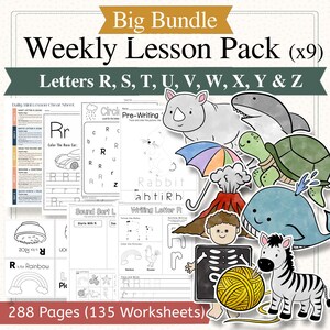 May include: A digital educational bundle titled Big Bundle Weekly Lesson Pack (x9) for letters R through Z. It includes 288 pages and 135 worksheets featuring black and white tracing activities, letter recognition, and colorful animal illustrations.
