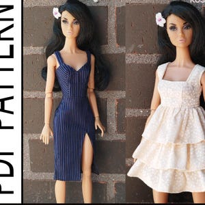 May include: Two fashion dolls are displayed, each wearing a different dress. The doll on the left is in a navy blue pinstripe dress with a thigh-high slit. The doll on the right is in a cream-colored, tiered dress with a floral pattern. The words "PDF PATTERN" are on the left.