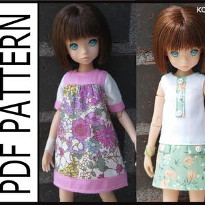 Op de afbeelding: Twee poppen met handgemaakte poppenkleding. Eén pop draagt een roze en bloemenjurk met witte mouwen. De andere pop draagt een witte top met een groene knoopstrip en een groene bloemenrok. De tekst "PDF PATTERN" staat links.