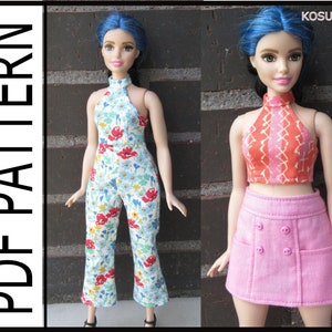 May include: Two dolls wearing handmade doll clothes. One doll is in a floral jumpsuit with red flowers, blue flowers, and green leaves. The other doll is wearing a pink skirt and a halter top with an orange and pink pattern. The text "PDF PATTERN" is on the left.