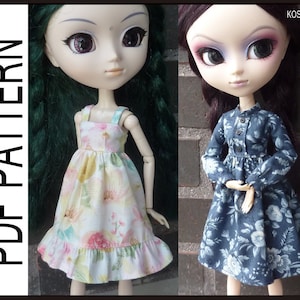 May include: Two dolls wearing different floral print dresses. The doll on the left is wearing a light pink and green dress with a ruffled hem. The doll on the right is wearing a blue and white dress with long sleeves.  PDF PATTERN.