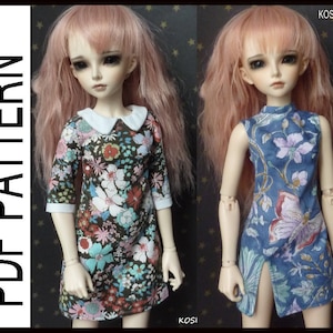 May include: Two doll dresses with floral patterns. The dress on the left has a white collar and is brown with pink, blue, and green flowers. The dress on the right is blue with pink, white, and green flowers. Both dresses have a side slit.