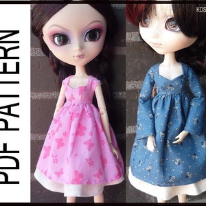 May include: Two doll dresses, one pink with white flowers and one blue with white flowers. Both dresses have a white petticoat underneath. The dresses are for a doll that is approximately 11 inches tall. PDF PATTERN.