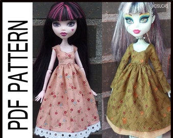 Patron PDF pour confectionner une robe pour les poupées Monster High taille G1 et G2.