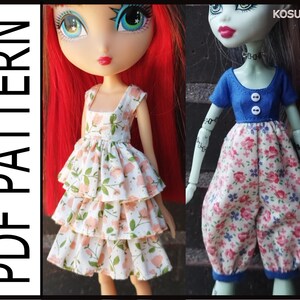May include: PDF pattern for a doll dress with a tiered skirt and floral print. The dress is shown on a doll with red hair and large eyes. The pattern also includes a blue top and floral print pants for a doll.