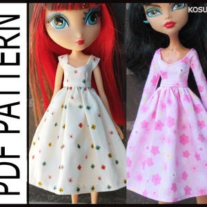 May include: PDF pattern for a doll dress with a white and floral print and a pink and floral print. The dress has a sweetheart neckline and a gathered skirt.