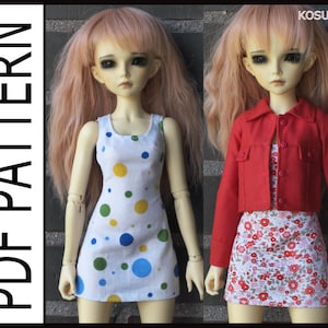May include: A ball-jointed doll with long pink hair wearing two different outfits. One is a white sleeveless dress with blue, yellow, and green polka dots. The other is a red long-sleeve button-up jacket over a floral print dress. Text reads PDF PATTERN.