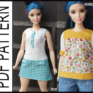 May include: Two dolls dressed in handmade doll clothes. One doll is wearing a white top with turquoise buttons and a turquoise and white houndstooth skirt. The other doll is wearing a floral top with yellow accents and denim shorts. The image has the text "PDF PATTERN".