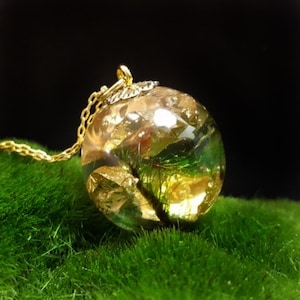 May include: A gold chain necklace with a round pendant. The pendant is filled with clear resin and contains gold leaf and green plant material.