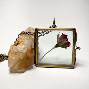 Pressed Rose Locket Necklace: Antique Bronze Glass Frame Floral Pendant