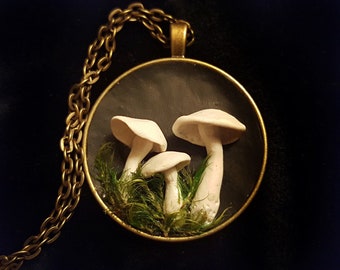 Mushroom pendant clay mushrooms moss necklace living terrarium jewelry fairy garden miniature landscape magick