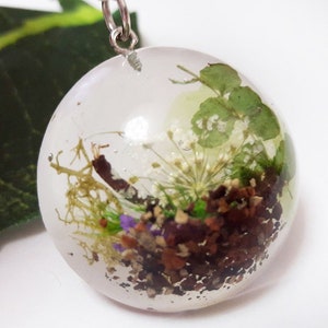 Terrarium necklace pressed queen anne’s lace real fern soil jewelry miniature landscape fairy garden pendant nature