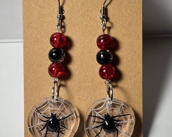 Black Widows on a Web Resin Dangle Earrings | Handmade Spider Jewelry
