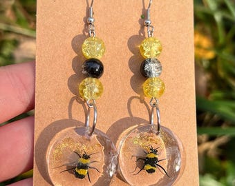 Bumblebee Resin Dangle Earrings | Handmade Polymer Clay Bee Earrings