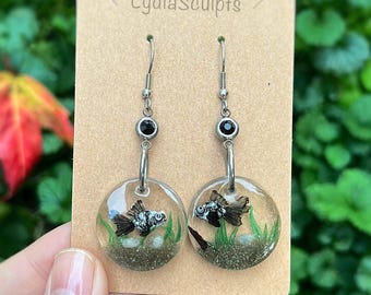 Goldfish Mini Aquarium Earrings | Butterfly Telescope Black & White Goldfish Handmade Jewelry