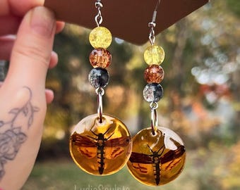 Death-Head Moths in Amber Resin Dangle Earrings | Handmade Bug Jewelry