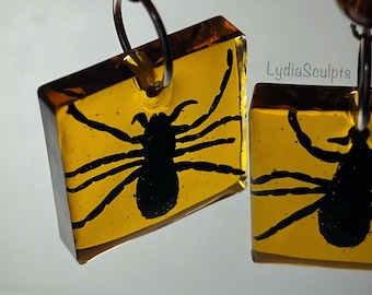Spider in Amber Resin Dangle Earrings | Tarantula in Amber Handmade Jewelry