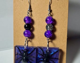 Purple Spider Resin Dangle Earrings | Tarantula Hamdmade Jewelry