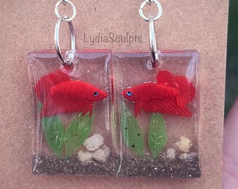Mini Betta Fish Aquarium Earrings | Super Red Plakat | Handmade Jewelry