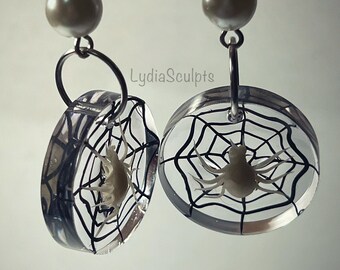 Glow-in-the-dark Spider Web Resin Pearl Earrings | Handmade Spider Jewelry