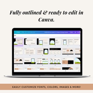 May include: A screenshot of a Canva template for an Instagram strategy. The template includes sections for Instagram strategy, SWOT analysis, competitive analysis, your brand, target audience, and content calendar. The template is fully outlined and ready to edit in Canva.