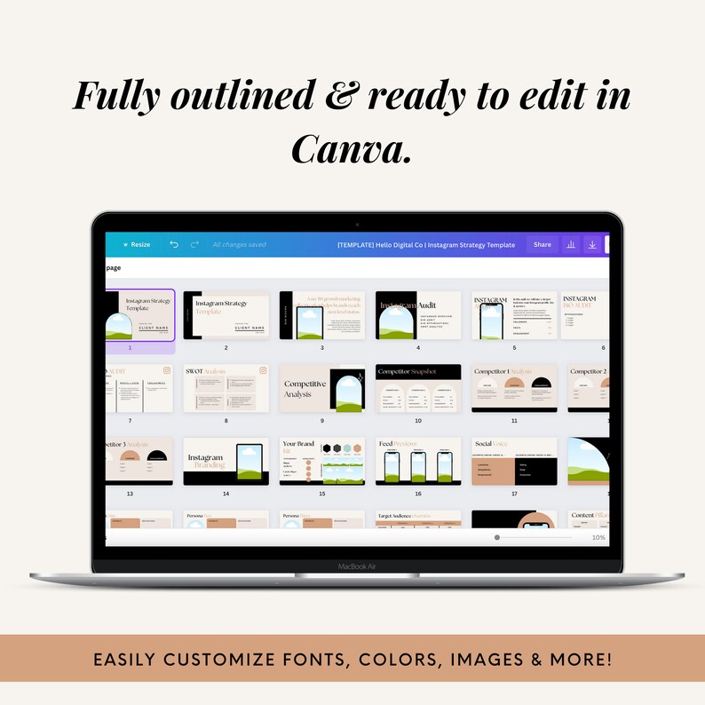 May include: A screenshot of a Canva template for an Instagram strategy. The template includes sections for Instagram strategy, SWOT analysis, competitive analysis, your brand, target audience, and content calendar. The template is fully outlined and ready to edit in Canva.